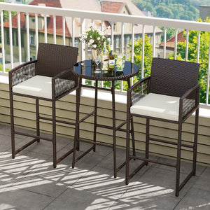 3 Piece Patio Bar Set Outdoor Wicker Bar Height Table and Armchairs-White