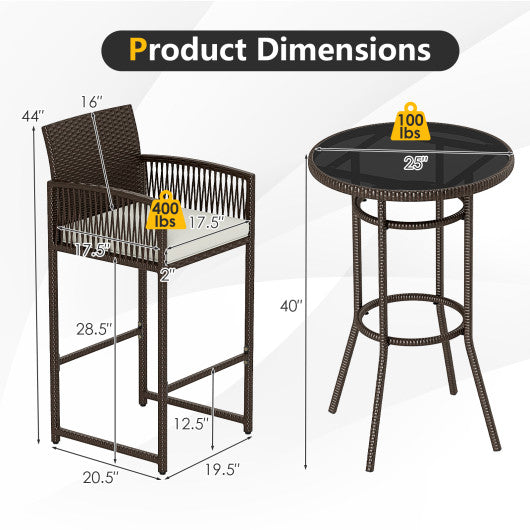 3 Piece Patio Bar Set Outdoor Wicker Bar Height Round Table and Armchairs-White