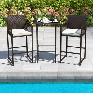 3 Piece Patio Bar Set Outdoor Wicker Bar Height Table and Armchairs with 2 Seat Cushions-White