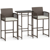 3 Piece Patio Bar Set Outdoor Wicker Bar Height Table and Armchairs with 2 Seat Cushions-White