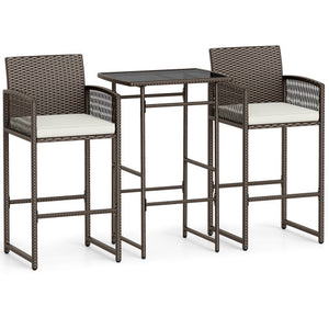 3 Piece Patio Bar Set Outdoor Wicker Bar Height Table and Armchairs with 2 Seat Cushions-White