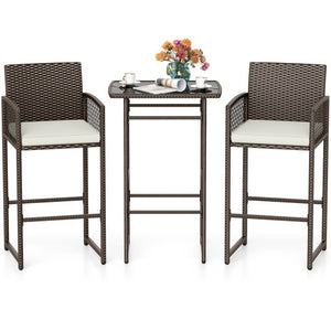 3 Piece Patio Bar Set Outdoor Wicker Bar Height Table and Armchairs with 2 Seat Cushions-White