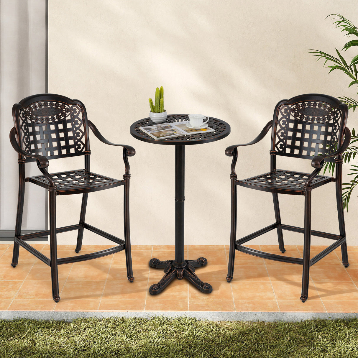 3 Piece Patio Bar Set Outdoor Cast Aluminum Round High Top Table 2 Counter Height Bar Stools