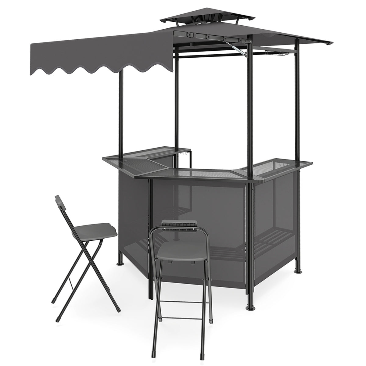 3-Piece Patio Bar Set Outdoor Grill Gazebo and 2 Folding Bar Stools-Black