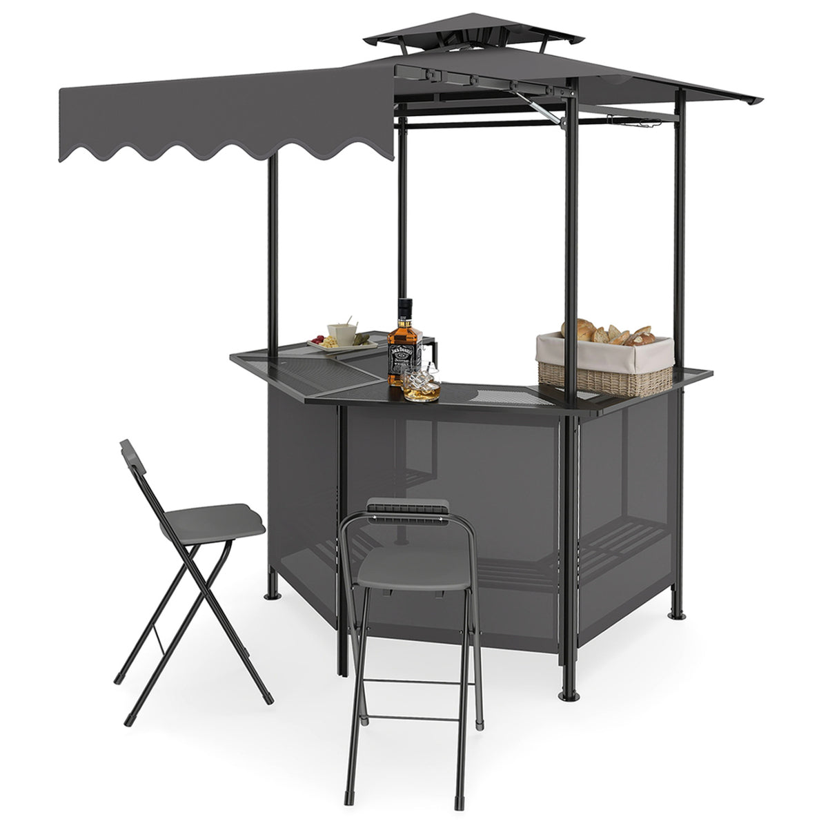 3-Piece Patio Bar Set Outdoor Grill Gazebo and 2 Folding Bar Stools-Black