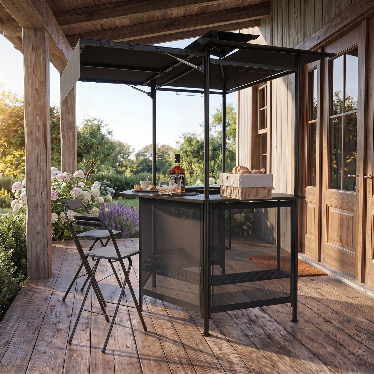 3-Piece Patio Bar Set Outdoor Grill Gazebo and 2 Folding Bar Stools-Black