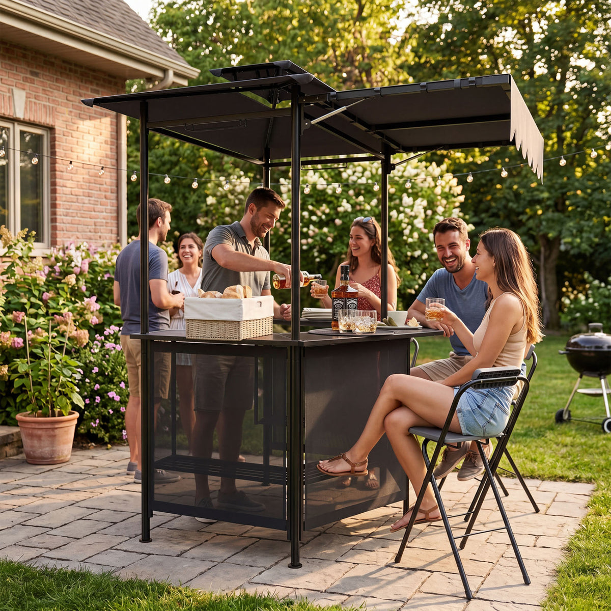 3-Piece Patio Bar Set Outdoor Grill Gazebo and 2 Folding Bar Stools-Black