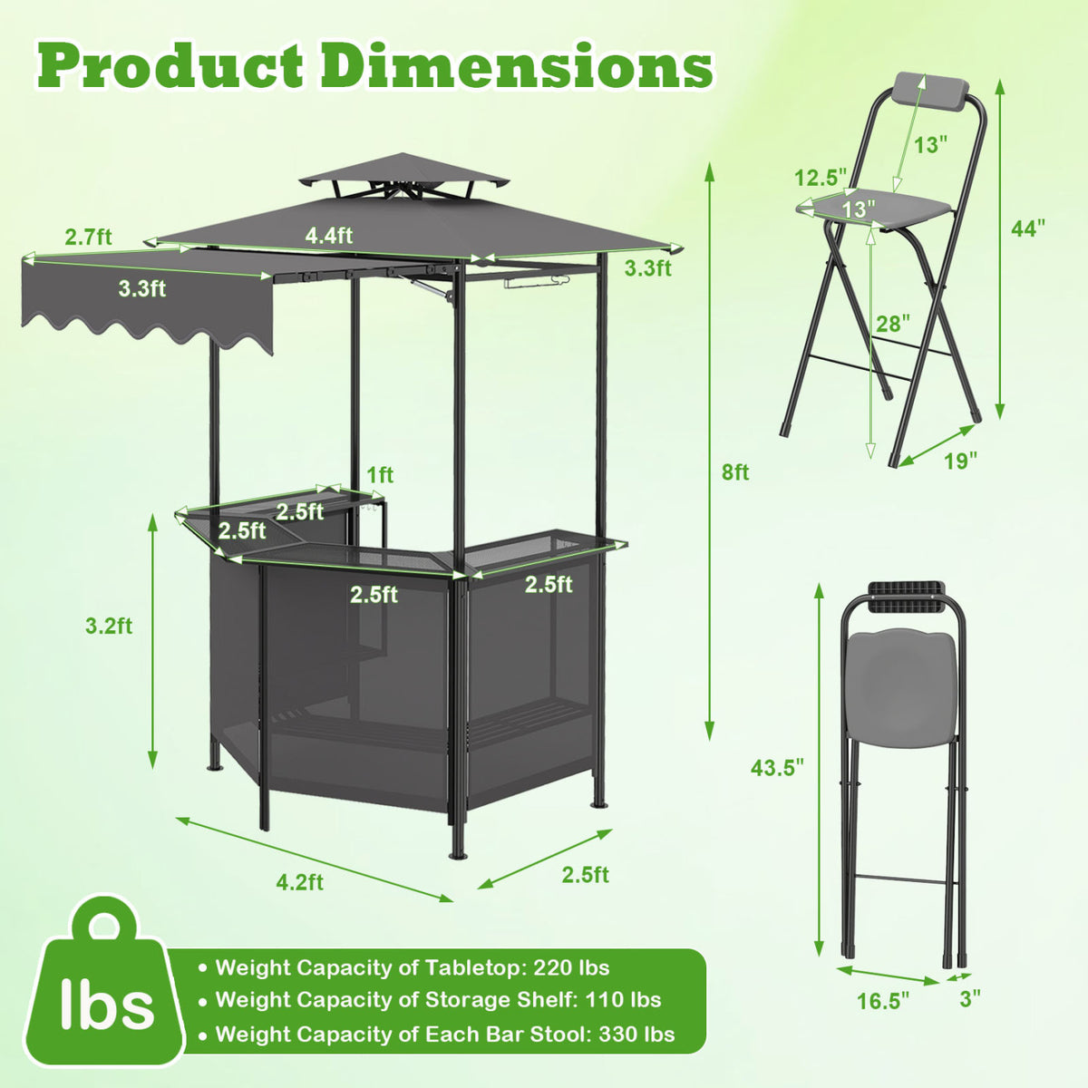 3-Piece Patio Bar Set Outdoor Grill Gazebo and 2 Folding Bar Stools-Black