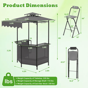 3-Piece Patio Bar Set Outdoor Grill Gazebo and 2 Folding Bar Stools-Black