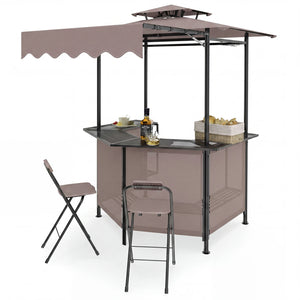 3-Piece Patio Bar Set Outdoor Grill Gazebo and 2 Folding Bar Stools-Brown