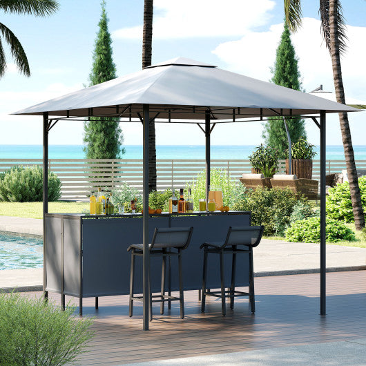 3-Piece Patio Bar Set 8 x 8 FT Double-Tier Grill Gazebo with 2 Bar Stools-Gray