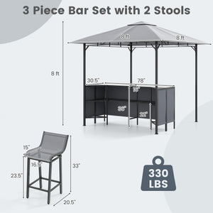 3-Piece Patio Bar Set 8 x 8 FT Double-Tier Grill Gazebo with 2 Bar Stools-Gray