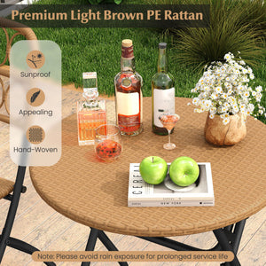 3 Piece Patio Bistro Set Folding Round Table and Chairs with Wicker Seat