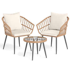 3 Piece Patio Bistro Set with PE Rattan Wicker Chairs and Tempered Glass Coffee Table-Natural