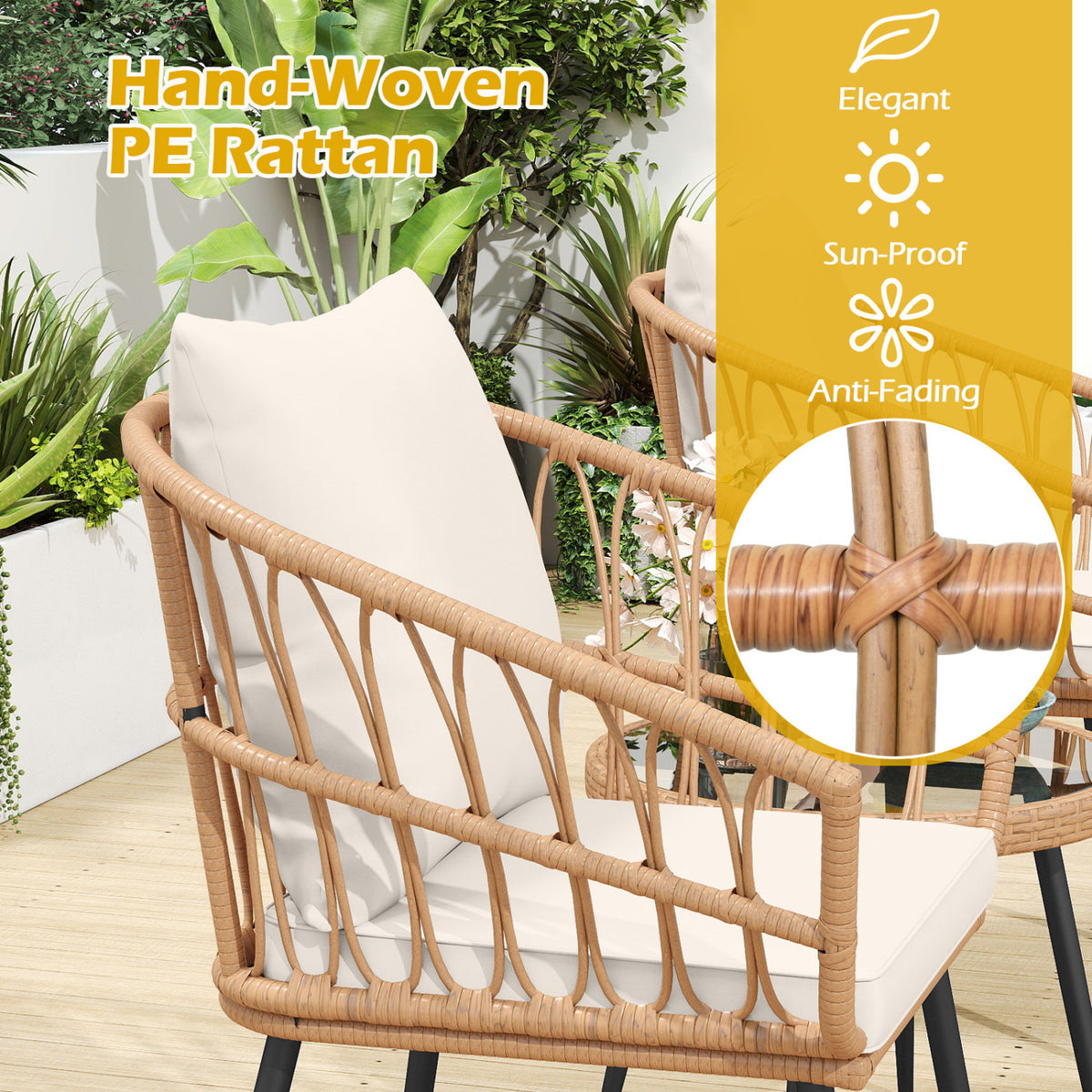 3 Piece Patio Bistro Set with PE Rattan Wicker Chairs and Tempered Glass Coffee Table-Natural