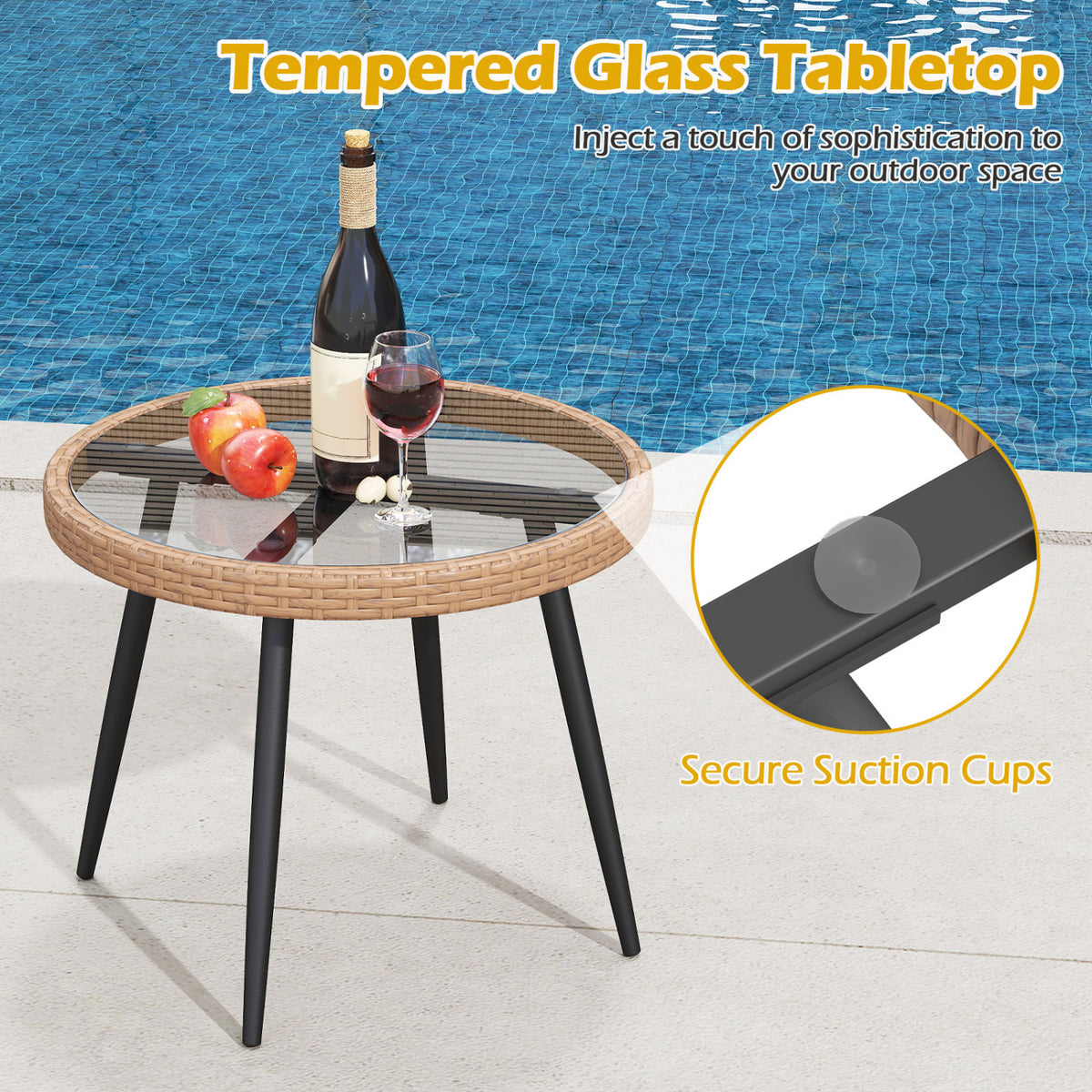 3 Piece Patio Bistro Set with PE Rattan Wicker Chairs and Tempered Glass Coffee Table-Natural