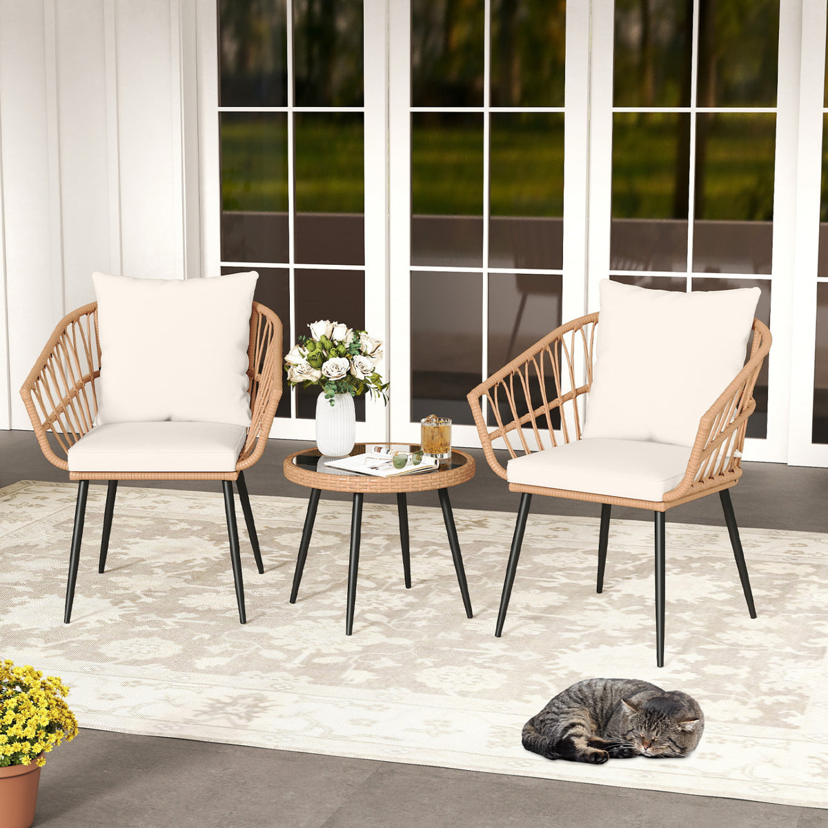 3 Piece Patio Bistro Set with PE Rattan Wicker Chairs and Tempered Glass Coffee Table-Natural