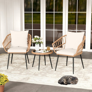 3 Piece Patio Bistro Set with PE Rattan Wicker Chairs and Tempered Glass Coffee Table-Natural