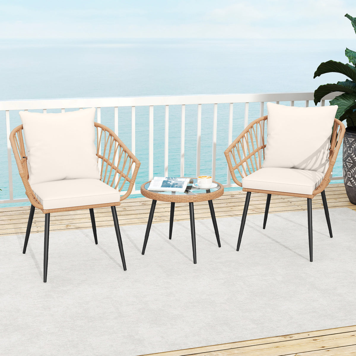 3 Piece Patio Bistro Set with PE Rattan Wicker Chairs and Tempered Glass Coffee Table-Natural