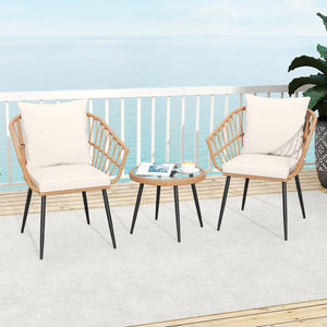 3 Piece Patio Bistro Set with PE Rattan Wicker Chairs and Tempered Glass Coffee Table-Natural