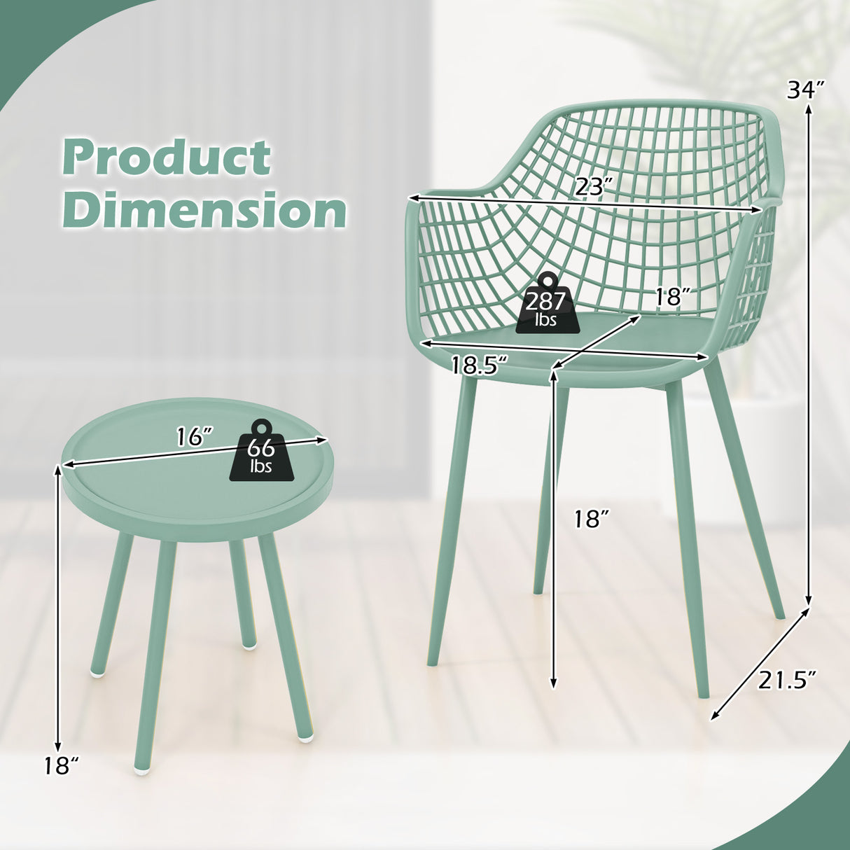 3 Piece Patio Chair Set with PP Seat and Tabletop for Porch-Green