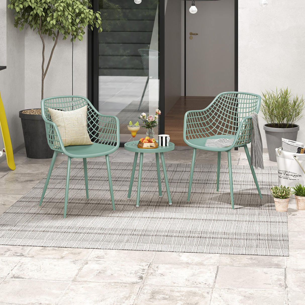 3 Piece Patio Chair Set with PP Seat and Tabletop for Porch-Green