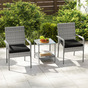 3 Piece Patio Furniture Set with Seat Cushions and Tempered Glass Tabletop for Balcony-Black