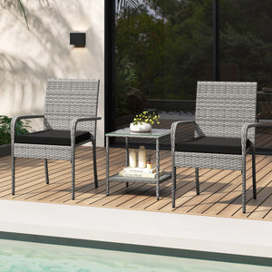 3 Piece Patio Furniture Set with Seat Cushions and Tempered Glass Tabletop for Balcony-Black
