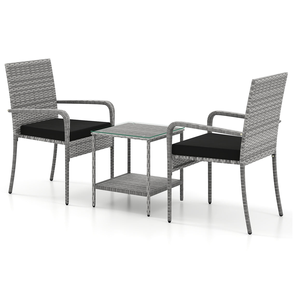 3 Piece Patio Furniture Set with Seat Cushions and Tempered Glass Tabletop for Balcony-Black
