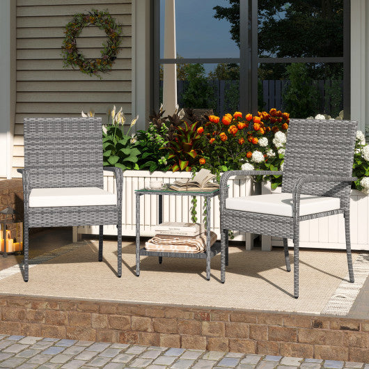 3 Piece Patio Furniture Set with Seat Cushions and Tempered Glass Tabletop for Balcony-White