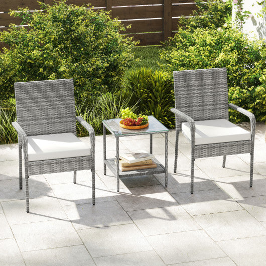 3 Piece Patio Furniture Set with Seat Cushions and Tempered Glass Tabletop for Balcony-White