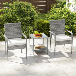 3 Piece Patio Furniture Set with Seat Cushions and Tempered Glass Tabletop for Balcony-White