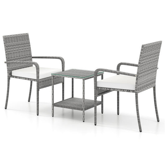 3 Piece Patio Furniture Set with Seat Cushions and Tempered Glass Tabletop for Balcony-White