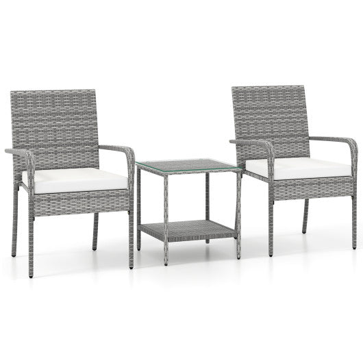 3 Piece Patio Furniture Set with Seat Cushions and Tempered Glass Tabletop for Balcony-White