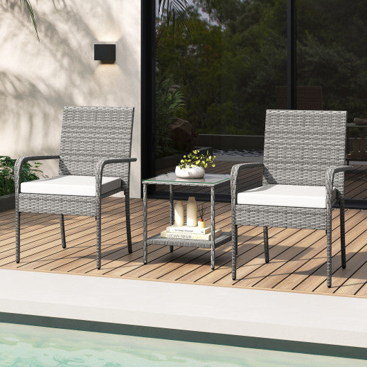 3 Piece Patio Furniture Set with Seat Cushions and Tempered Glass -White
