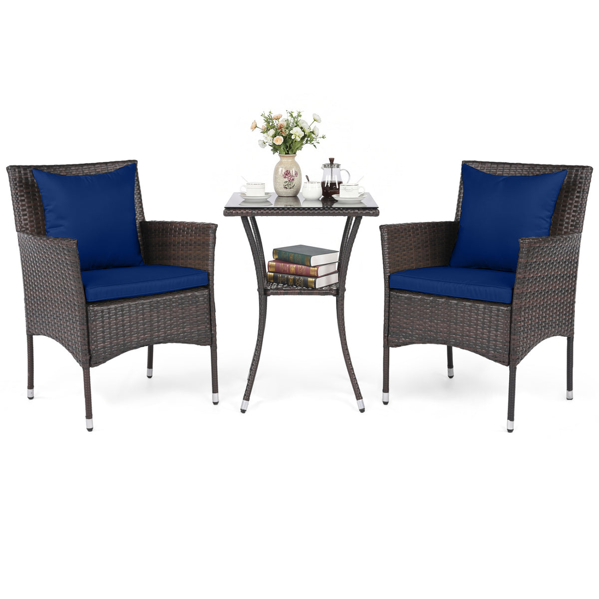 3-Piece Patio Furniture Set Rattan Bistro Chairs with 2-Tier Tempered Glass Side Table-Navy