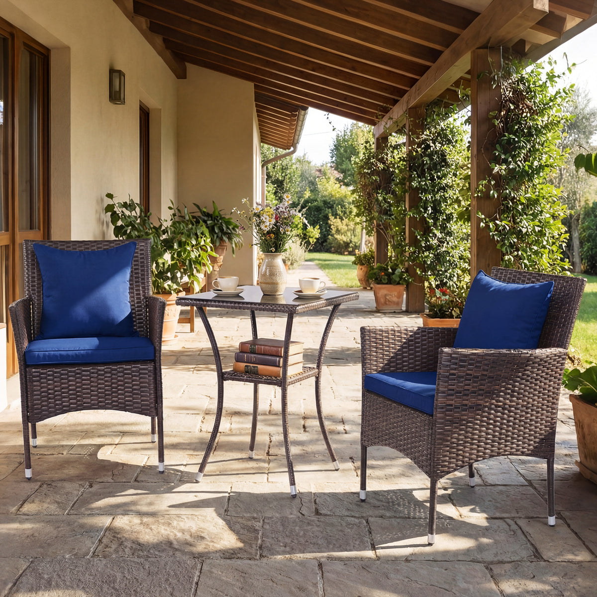3-Piece Patio Furniture Set Rattan Bistro Chairs with 2-Tier Tempered Glass Side Table-Navy