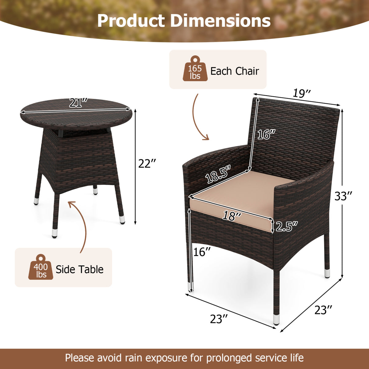3 Piece Patio Furniture Set Outside Bistro Set for Porch-Beige