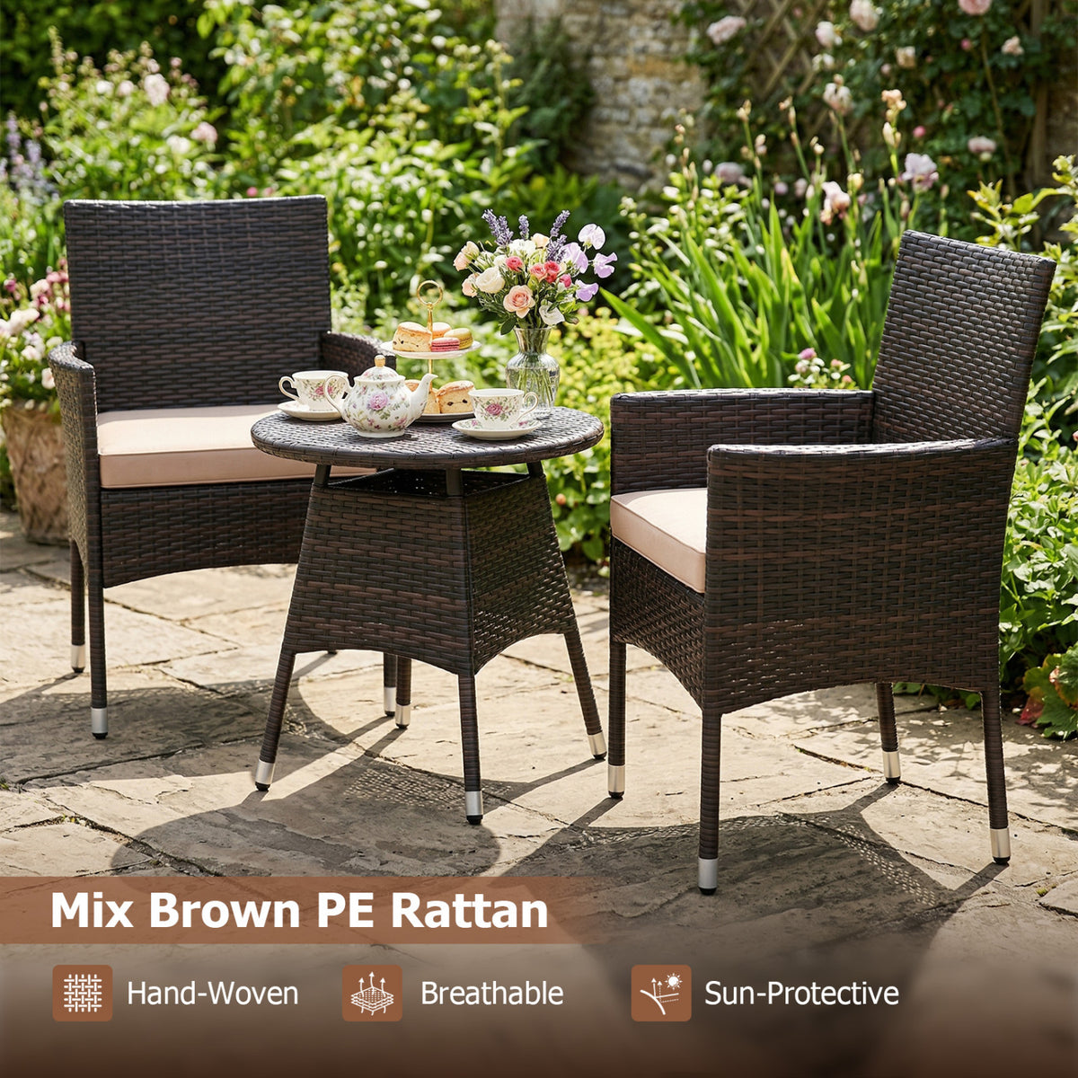 3 Piece Patio Furniture Set Outside Bistro Set for Porch-Beige