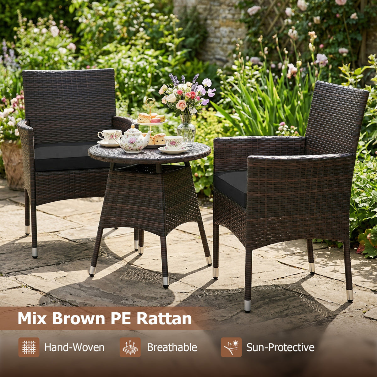 3 Piece Patio Furniture Set Outside Bistro Set for Porch-Black