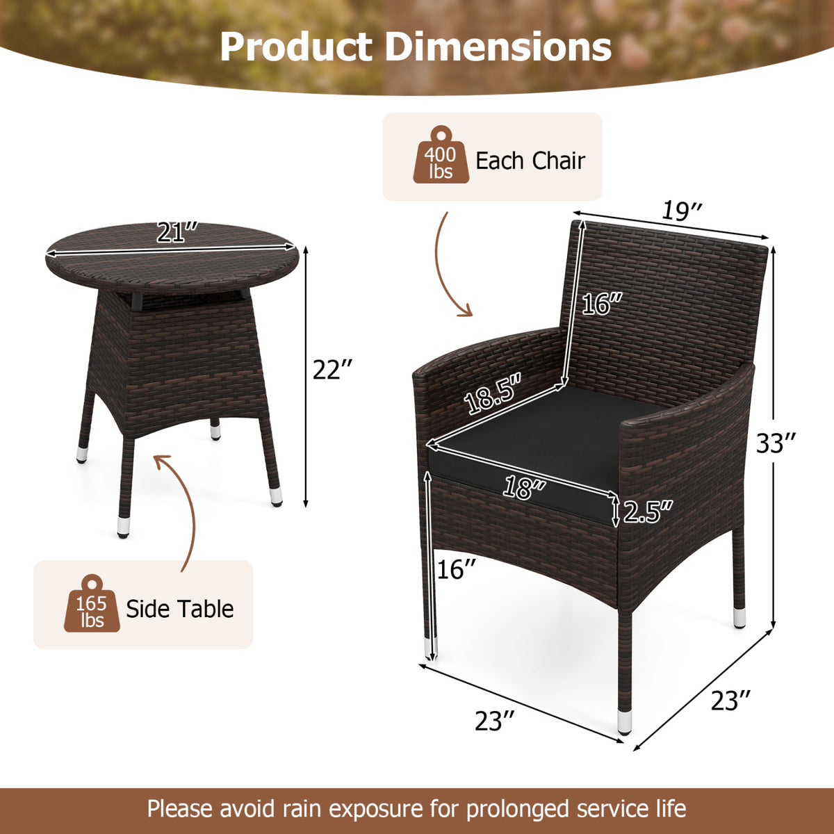 3 Piece Patio Furniture Set Outside Bistro Set for Porch-Black