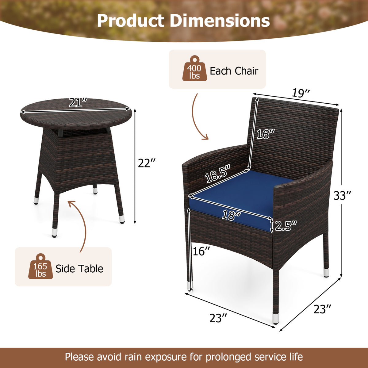 3 Piece Patio Furniture Set Outside Bistro Set for Porch-Navy