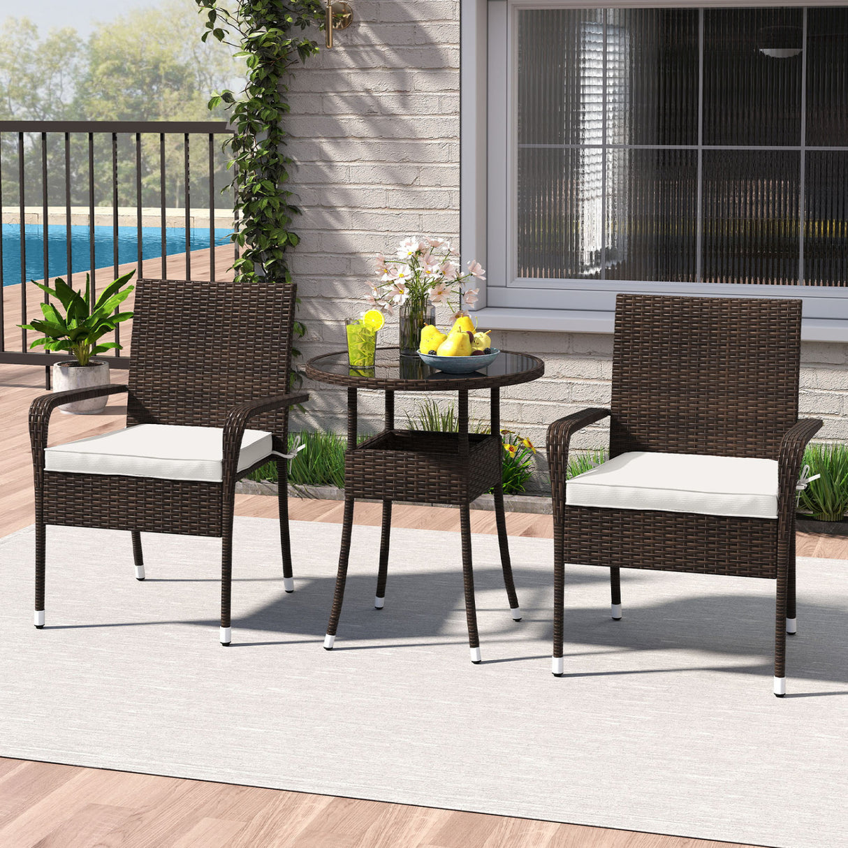 3-Piece Patio Furniture Set PE Rattan Wicker Chairs with Tempered Glass Top Table-White