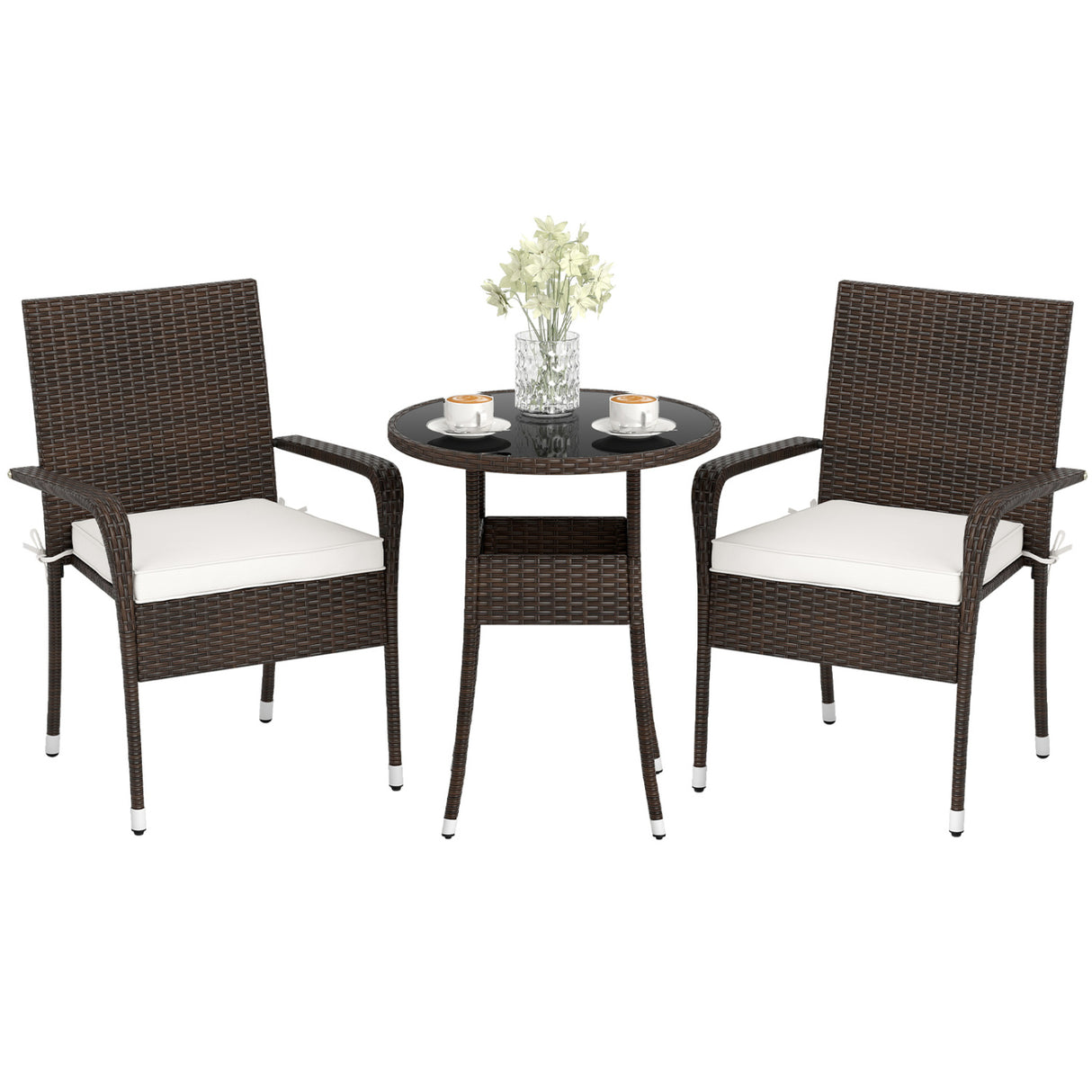 3-Piece Patio Furniture Set PE Rattan Wicker Chairs with Tempered Glass Top Table-White