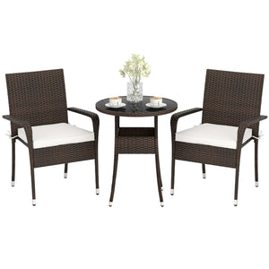 3-Piece Patio Furniture Set PE Rattan Wicker Chairs with Tempered Glass Top Table-White