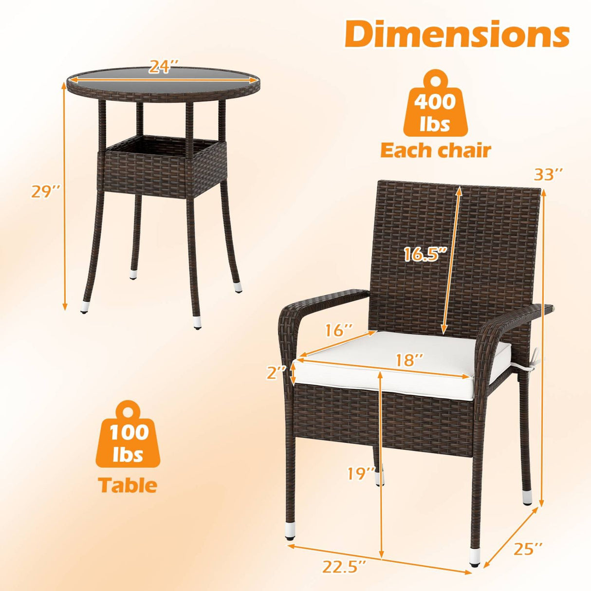 3-Piece Patio Furniture Set PE Rattan Wicker Chairs with Tempered Glass Top Table-White