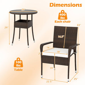 3-Piece Patio Furniture Set PE Rattan Wicker Chairs with Tempered Glass Top Table-White