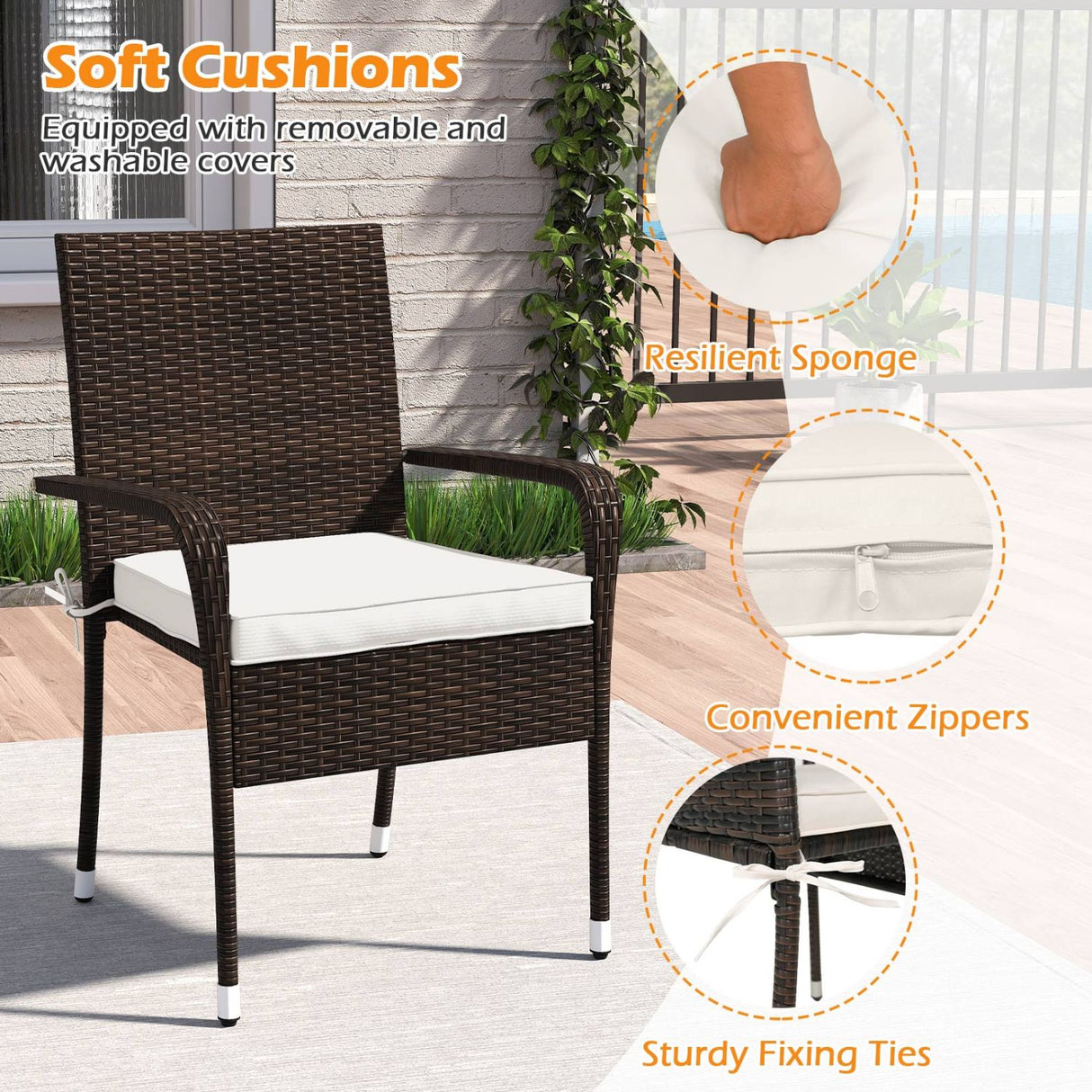 3-Piece Patio Furniture Set PE Rattan Wicker Chairs with Tempered Glass Top Table-White