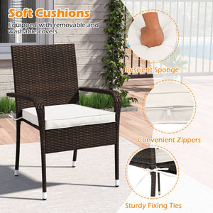 3-Piece Patio Furniture Set PE Rattan Wicker Chairs with Tempered Glass Top Table-White