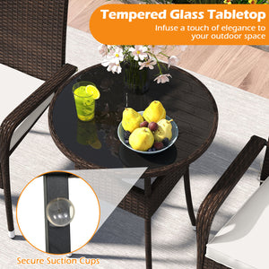 3-Piece Patio Furniture Set PE Rattan Wicker Chairs with Tempered Glass Top Table-White